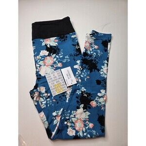 LuLaRoe OS One Size 2-10 Leggings Turquoise Blue Floral Black Waist Buttery Soft